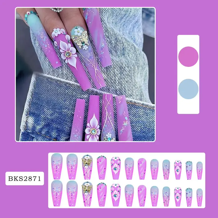 Faux biscuits arc-en-ciel avec camélia presse longue sur N64 Coffin Glitter French Tip N64 Rainbow Ombre N64