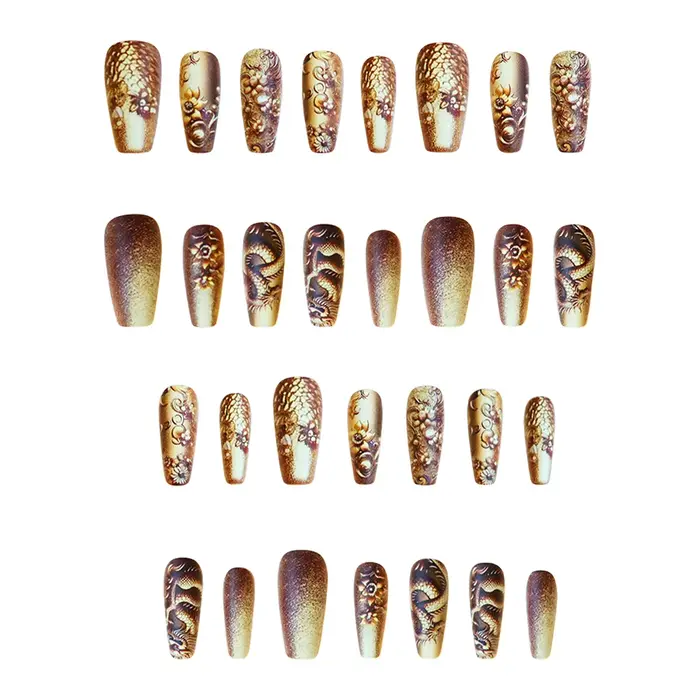 Faux ongles à pression avec motifs de dragon embout Él ballerine moyenne longue couleur or N64 N64