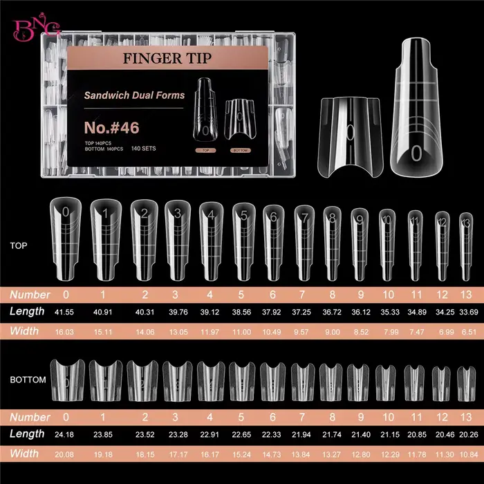 BNG 280 pièces ongles Sandwich double formes carrées formes d'ongles réutilisables avec 14 tailles m