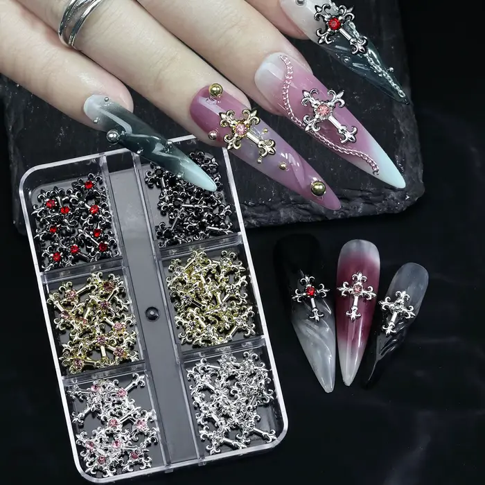 Strass en alliage rétro intégrés en zircon pour nail art, croix 3d Y2K, style gothique punk en métal