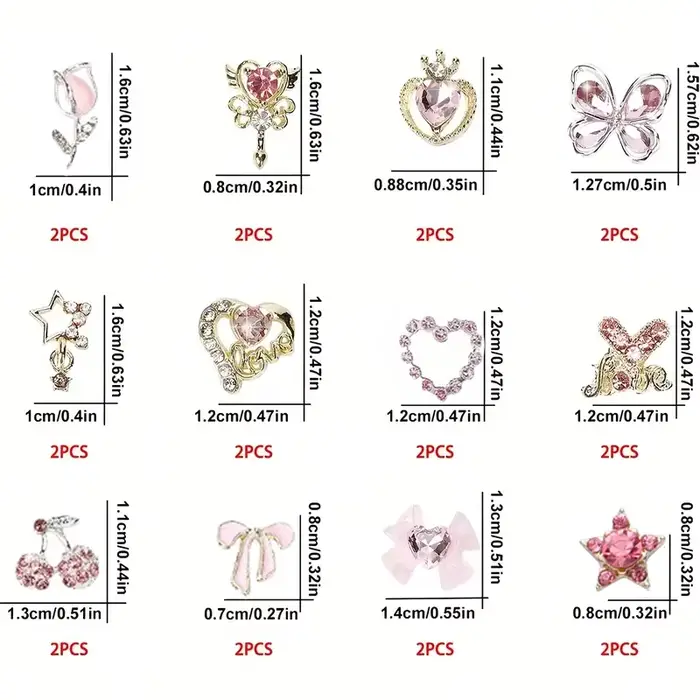24 pièces breloques pour ongles Y2k alliage Nail Art strass breloques 3D coeur étoile arc avec stras