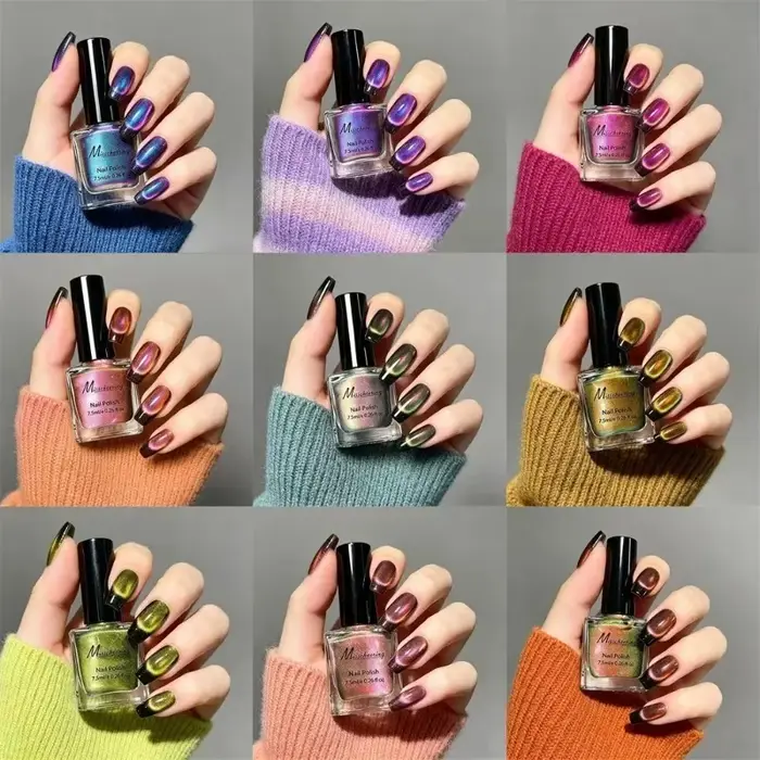 Vernis à ongles magnétique polarisé effet œil de chat bleu irisé