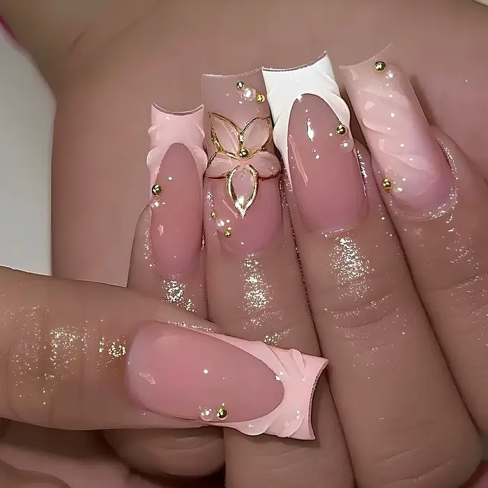 24 faux ongles à presser mi-longs, rose, style français, motif floral, réutilisables, avec perles, p