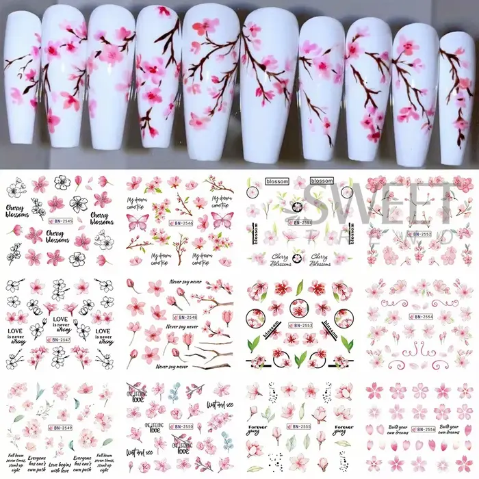 12 pièces rose fleur de cerisier eau curseurs d'ongles hiver nouvel an Sakura feuilles florales auto