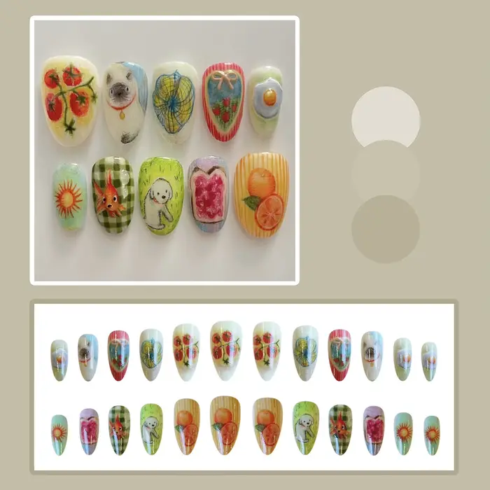 Faux ongles colorés avec fleur imprimée, 24 pièces, en forme d'amande, à pression avec adhésif, rétr