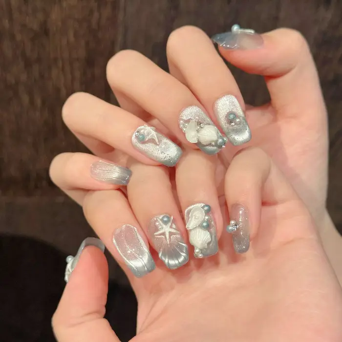10 pièces romantique Style français fait à la main faux ongles 3D coquillages étoile de mer conçoit