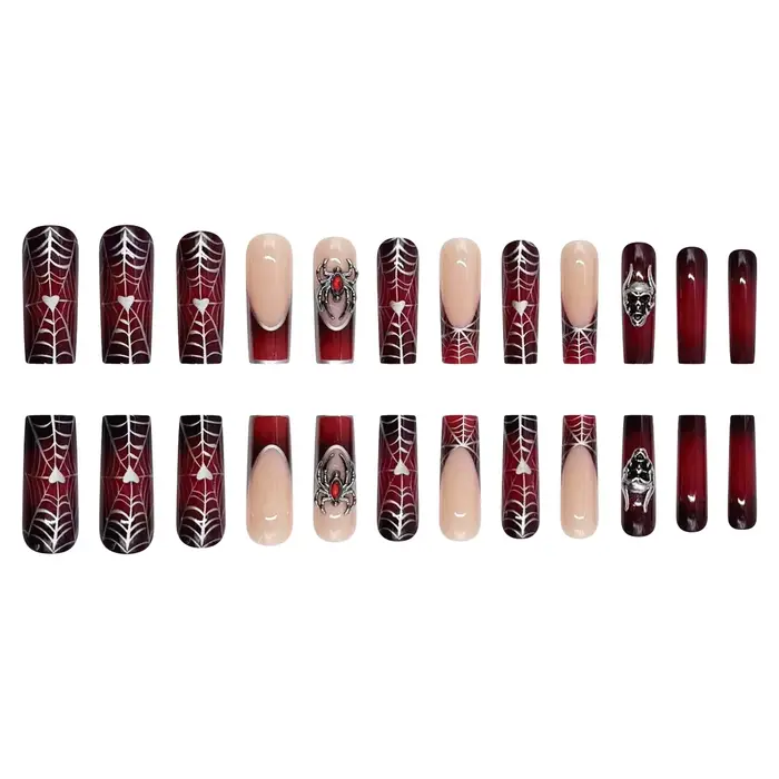 24 pièces français noir presse sur ongles Style Punk 3D araignée crâne conception faux ongles noir r