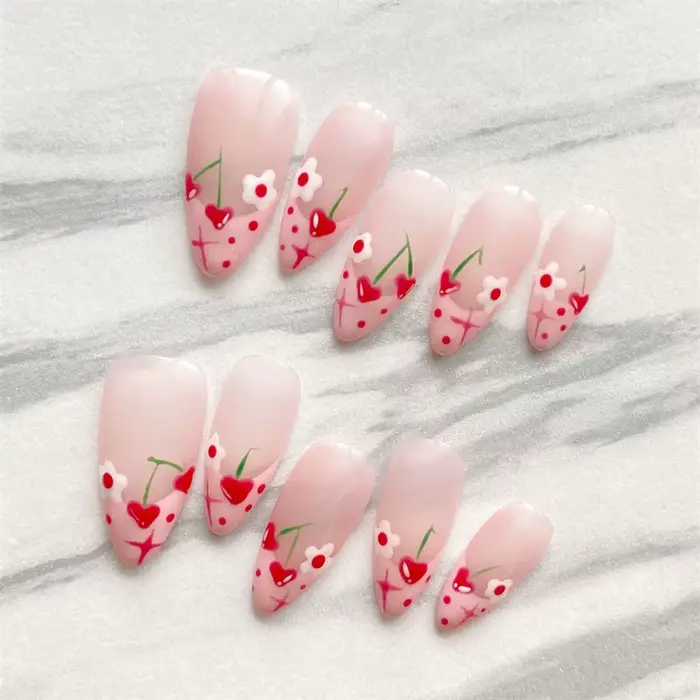 10 faux ongles press-on faits main roses avec cœurs 3D et motifs floraux