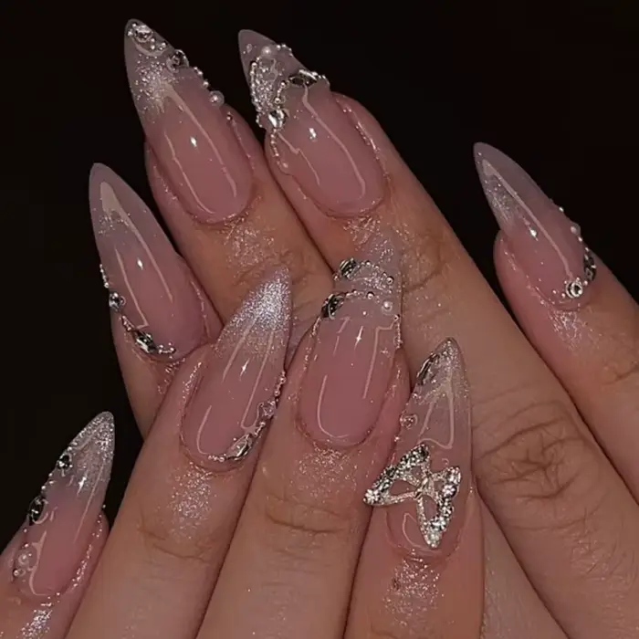 24 pièces faux ongles français fini amande ongles ensembles avec nœud doré conception faux ongles Ar