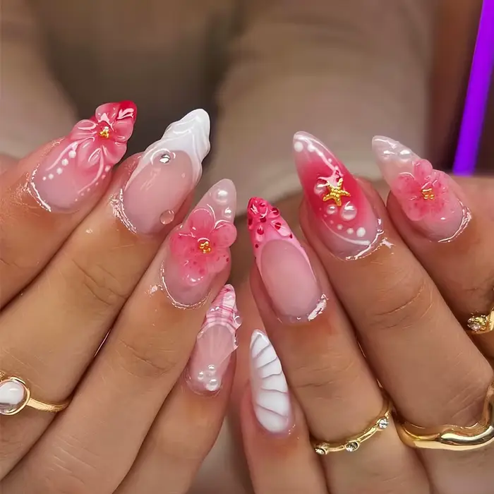 24 pièces/ensemble français amande presse sur ongles fleur rose faux