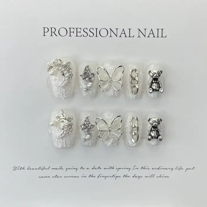Faux ongles en cristal laiteux, papillon, ours Él, rétro, n64, gypse blanc, usure des mains, autocol