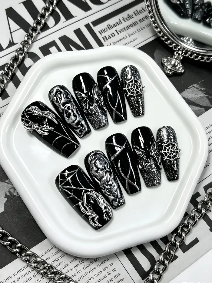 10 faux ongles noirs à paillettes argentées dégradées