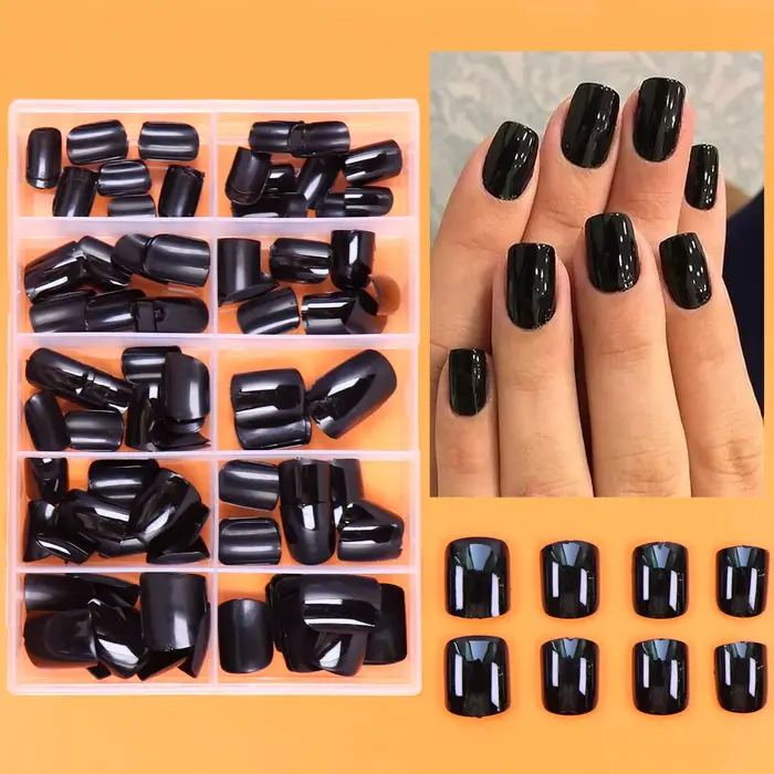 Faux ongles carrés noirs moyens, adaptés aux filles et aux femmes, cadeau et N64.Supplies & Wholesal