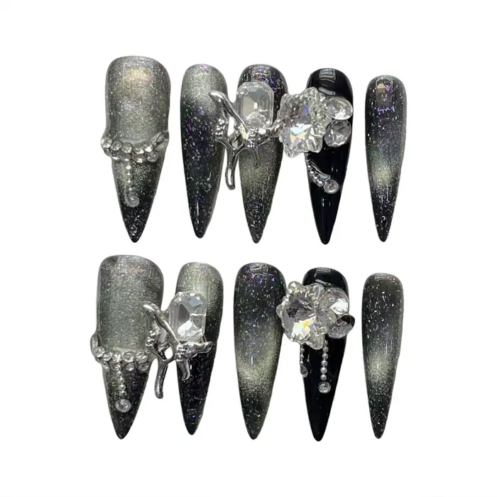 Presse faite à la main sur les ongles noir argent longue tête pointue faux ongles avec grand design 