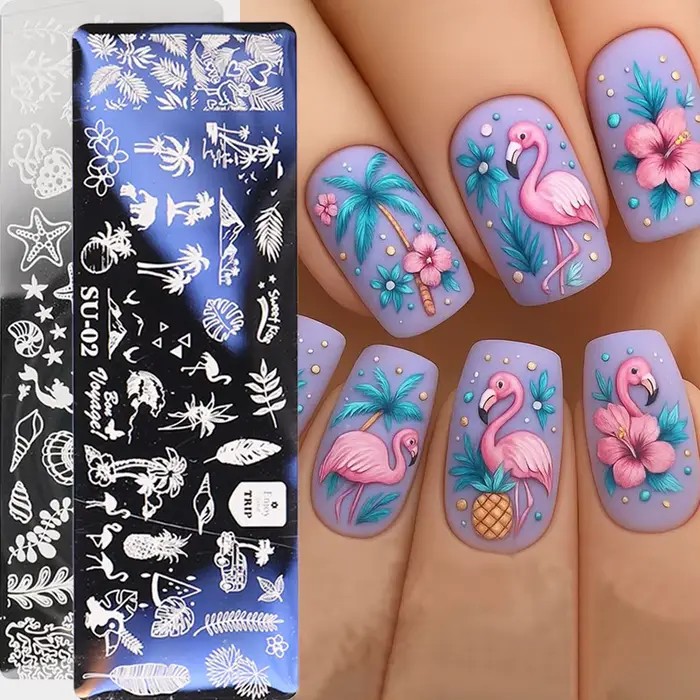 Feuilles de bananier tropicales, plantes de cocotier, modèles de transfert d'ongles, thème océan d'é