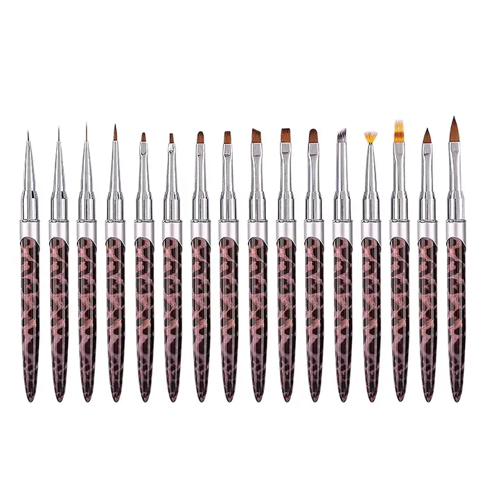 Lot de 16 pinceaux à ongles imprimé léopard, poils doux avec capuchons, pour gel UV, liner, dégradé,