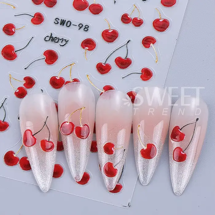 Autocollants pour ongles cerise rouge, 2 pièces, dessin animé fruits cerises tropicaux, Design d'été