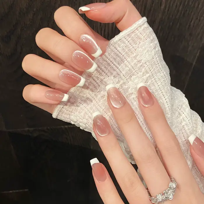 10 pièces à la main français oeil de chat presse sur les ongles Ins Simple nu rose doux fille faux o