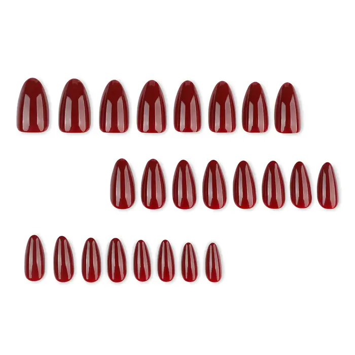 Faux ongles portables de couleur pure rouge vin, forme amande simple pour des doigts élégants et stylés