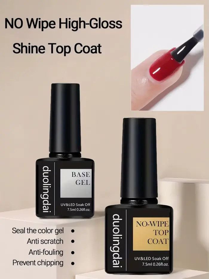 Lot de 2 vernis gel sans résidu 7,5 ml, base et top coat, finition brillante et longue tenue, pour m