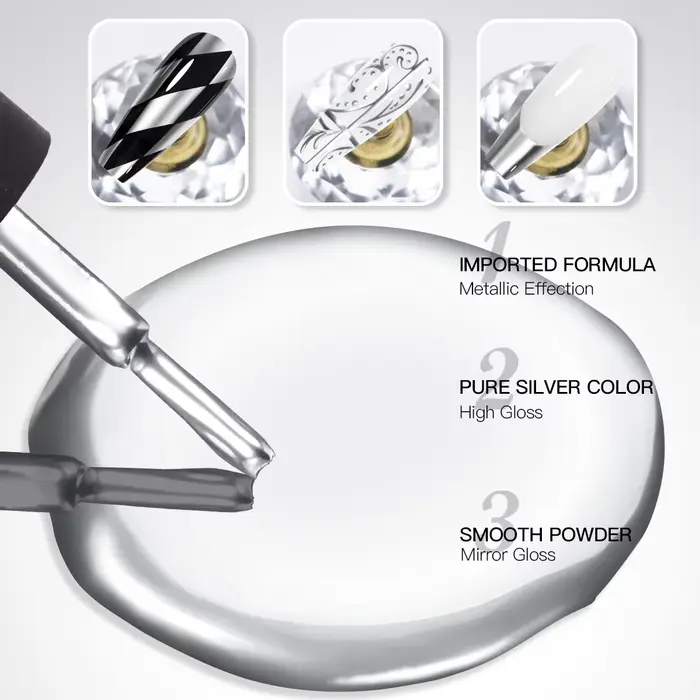 Vernis à ongles gel métallique argenté effet miroir