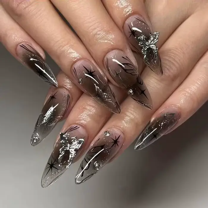 Faux ongles noirs Y2k avec diamant, longs amandes, Design papillon, à pression ovale, pour Halloween