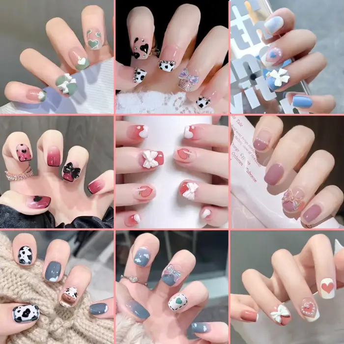 24 pièces français avec perceuse faux ongles courts presse sur les pointes d'ongles couverture complète artificielle
