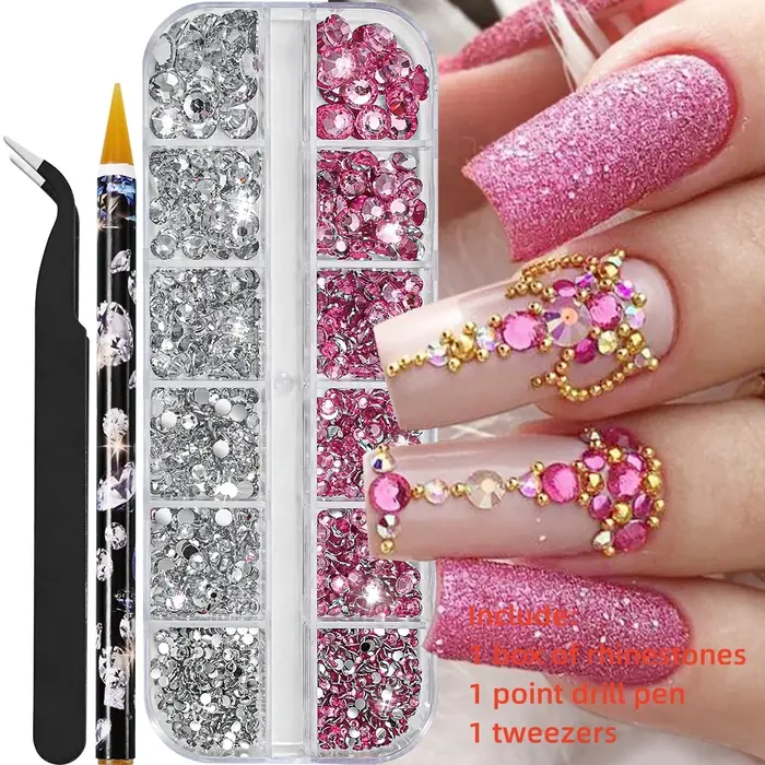 12Gird 3D verre AB cristal Nail Art strass Kit Flatback rond perle charme pierres précieuses bijoux diamant avec outils