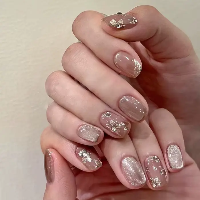 Faux ongles à tête carrée, œil de chat, français, poudre scintillante, presse, imperméable, Noël, N6