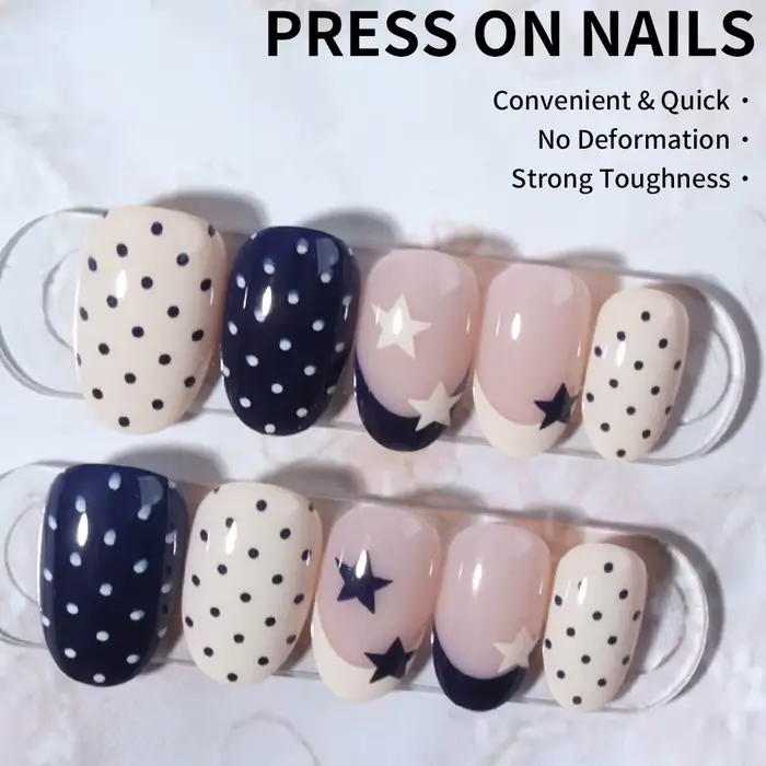 24 autocollants pour ongles ovales à pois étoiles, matériau acrylique, ajustement parfait, ensemble 