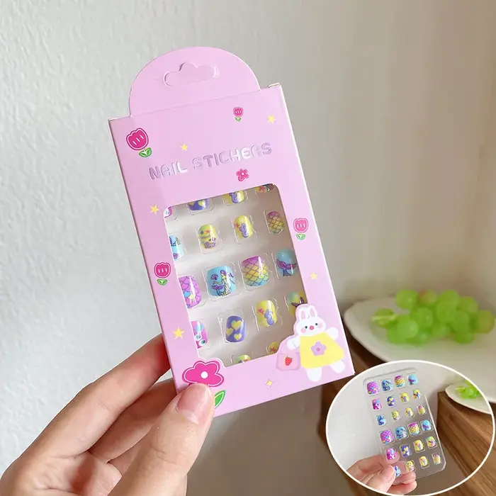 24 pièces/boîte enfants dessin animé ongles conseils coloré mignon fille faux