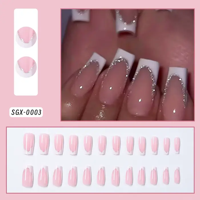 Faux ongles cercueil carrés courts, 24 pièces, à paillettes françaises, portables, couverture complè