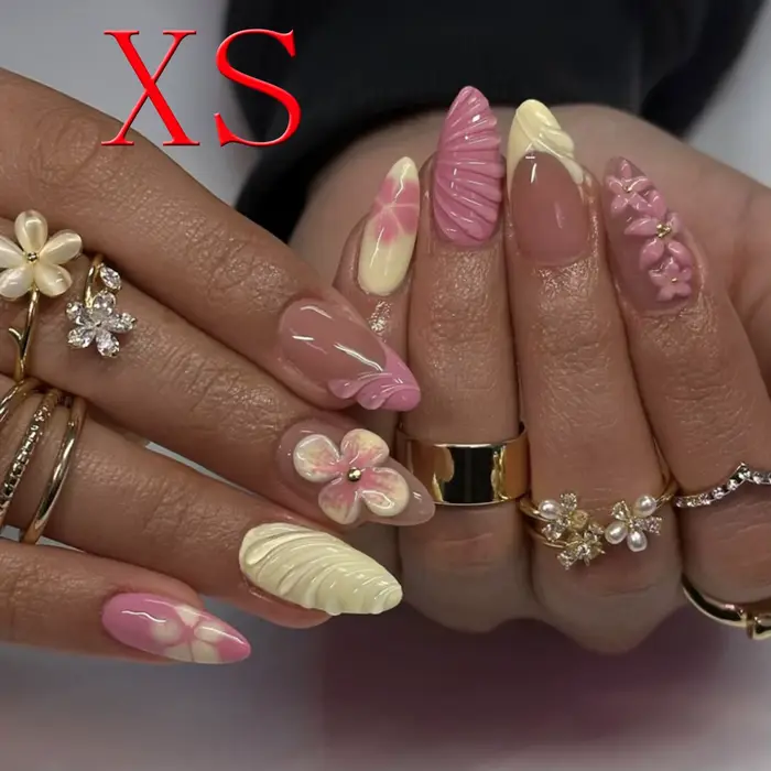 Faux ongles de Style français, couverture complète, en acrylique, avec motifs floraux 3D et coquille