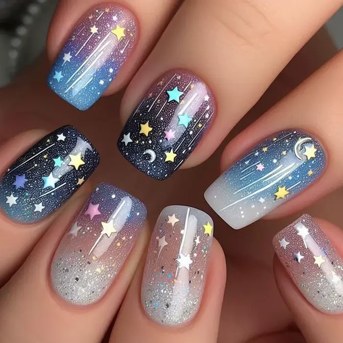 24 pièces faux ongles avec ciel étoilé coloré carré presse