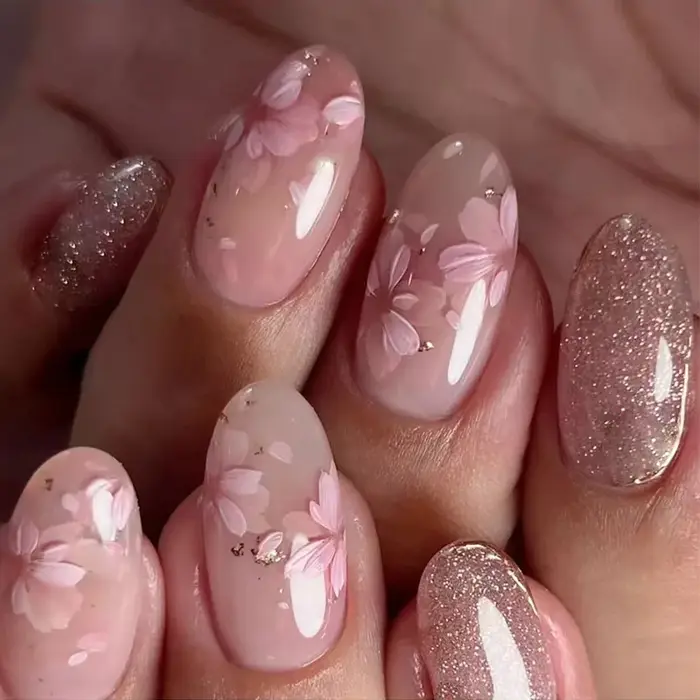 24 pièces rose amande presse sur ongles motif de fleur faux