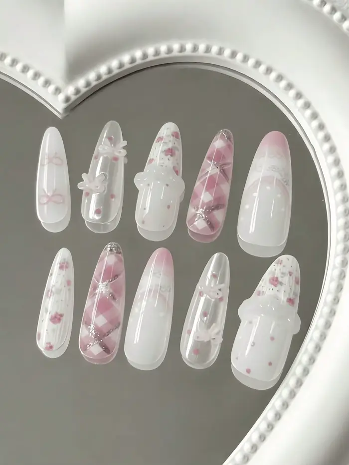 Faux ongles à presser floraux roses et blancs printaniers, 10 pièces, forme amande, longueur moyenne