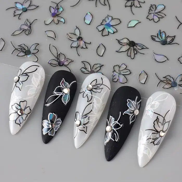 2 pièces 3D Laser noir blanc fleur décalcomanies abstraite rayure fleur pétales conception autocolla