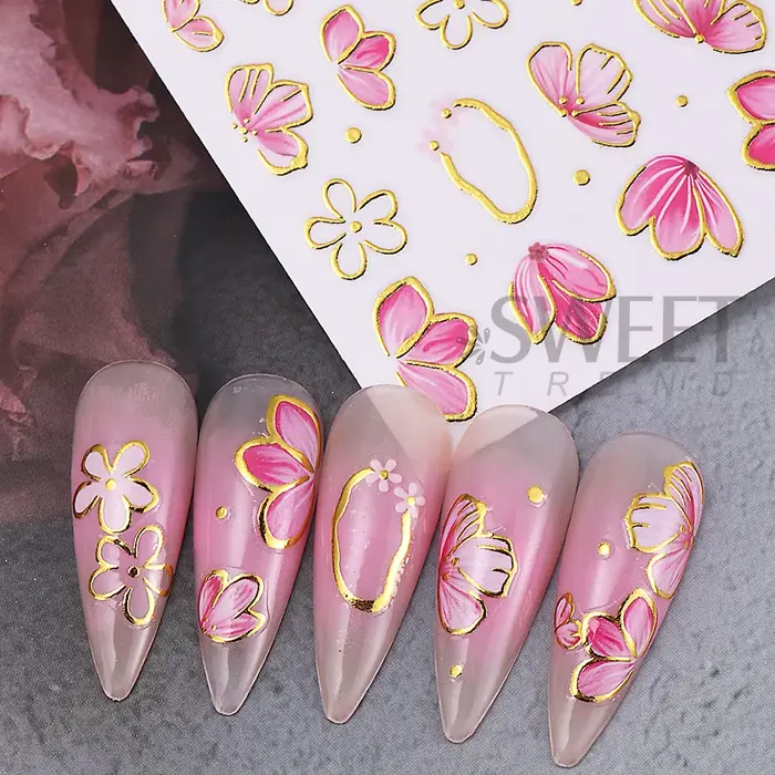 Autocollants pour ongles fleur d'hibiscus rose doré