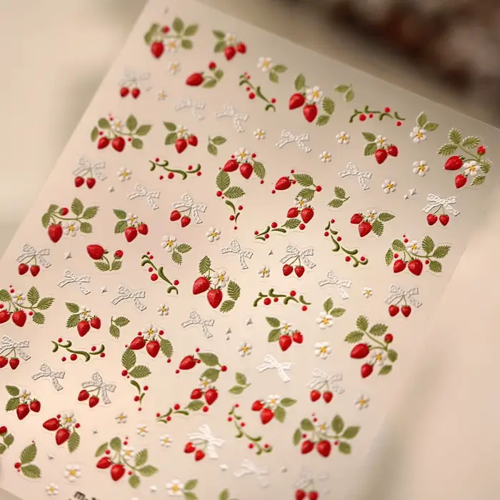 Autocollants 5D pour ongles motif vigne de fraises printanières