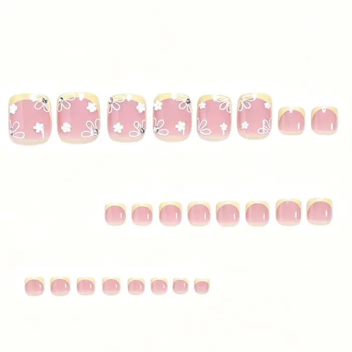 Ongles carrés français jaunes avec motif floral blanc