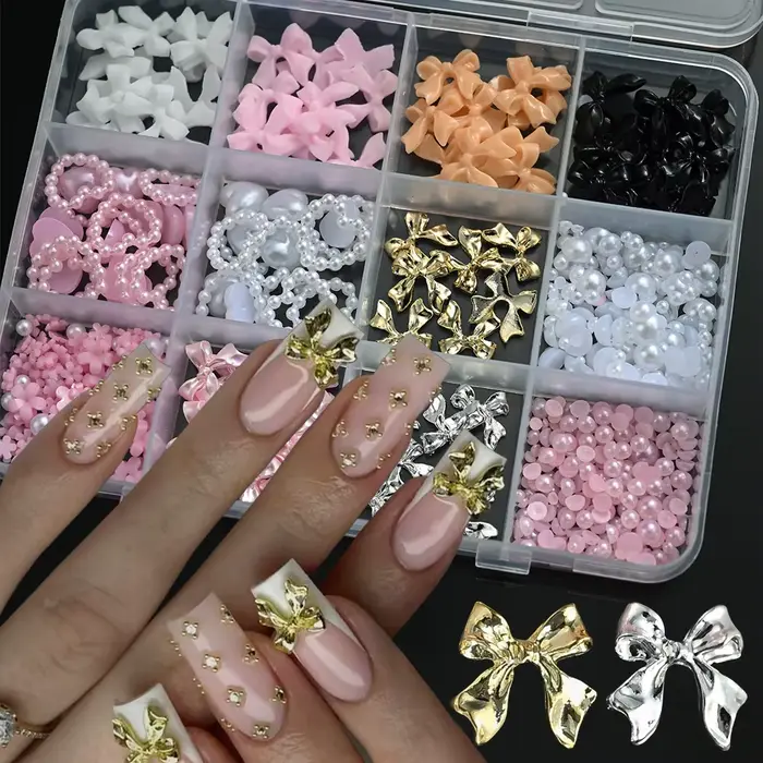12 grilles 3D ruban multicolore fleur Nail Art breloques simulés pétales amour