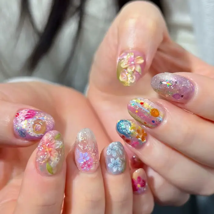 24/30 faux ongles à presser, motif floral aquarelle, courts et ovales, pour femmes, décoration florale printemps-été