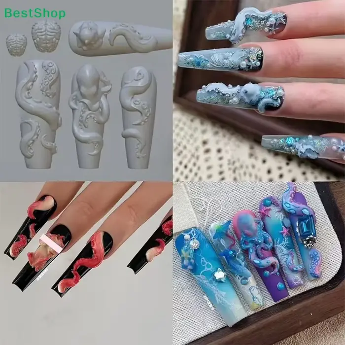 〔R〕Moules en silicone 3D pour nail art - Moules en forme de pieuvre/fraise/poupée pour la création de motifs en résine/vernis gel pour manucure