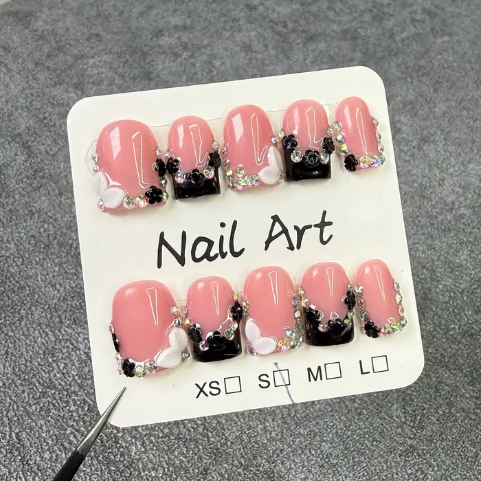 10 pièces cercueil court fait à la main presse sur les ongles avec sculpture 3d fleur conception faux