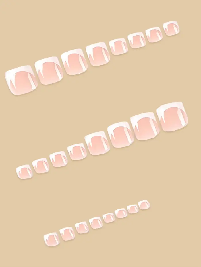 24 faux ongles de pieds roses style français carrés, faux ongles d'été à presser, patchs d'ongles artificiels tendance