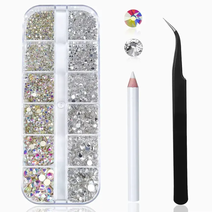 Kit de strass pour Nail Art, pierres précieuses en verre AB à dos plat, avec 1 boîte d'organisation 