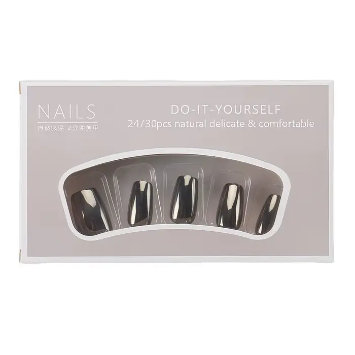 24 faux ongles métalliques argentés et noirs
