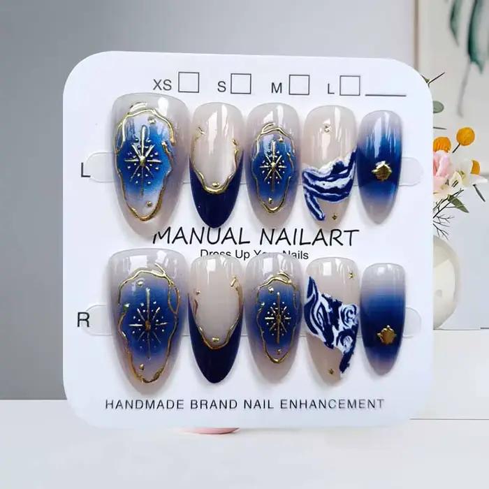 10 pièces bleu océan royaume Secret Style français amande forme doré faux ongles presse