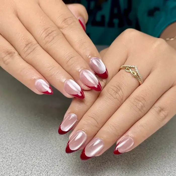 24 pièces brillant rouge oeil de chat presse sur ongles couverture complète couleur nue portable amande faux
