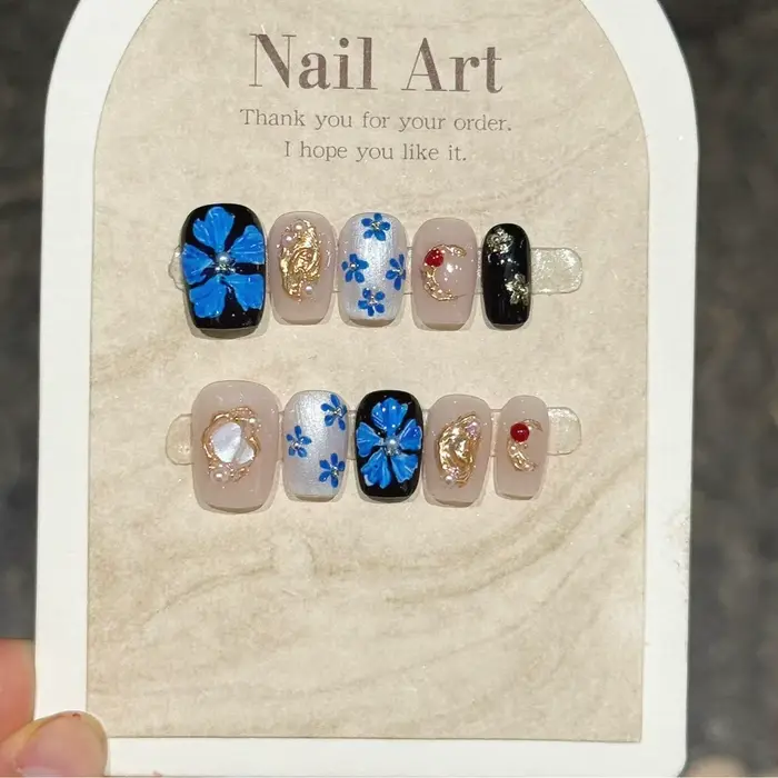 10 pièces presse à la main française sur les ongles fleur blanche faux ongles portable ongles à coll